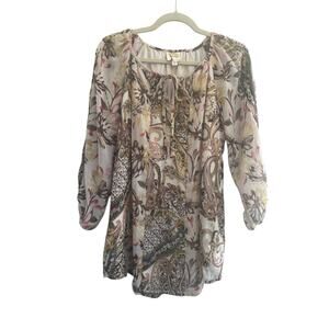 Anthropologie Fig & Flower Blouse 1X Cream Gold Paisley Floral Tunic Top #5003